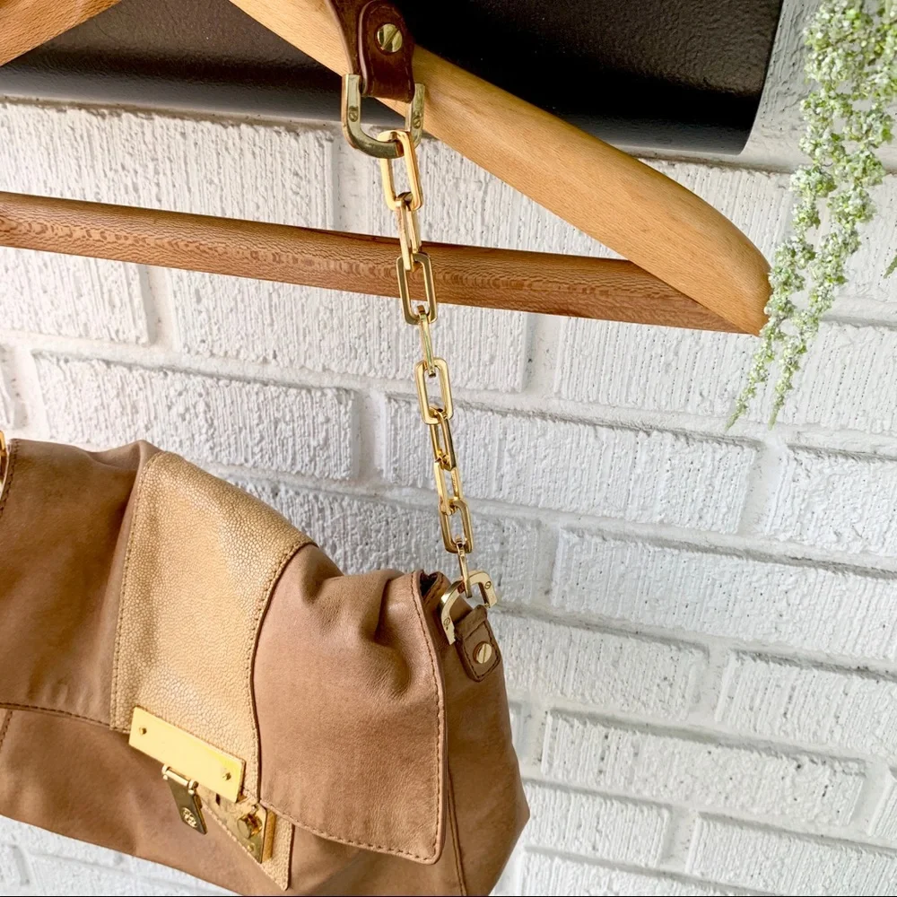Tory Burch Tan Patterned Gold Chain Shoulder Bag